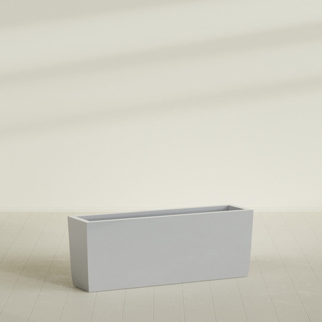 Panama Tapered Rectangular Planter in Metallic Silver, 48"L × 12"D × 18"H, shown empty
