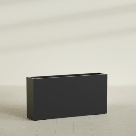 Milano Narrow Rectangular Planter in Matte Black, 48"L × 10"D × 24"H, shown empty