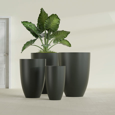 Brannan Tapered Round fiberglass planter in Matte Charcoal, size range, in a sunlit interior