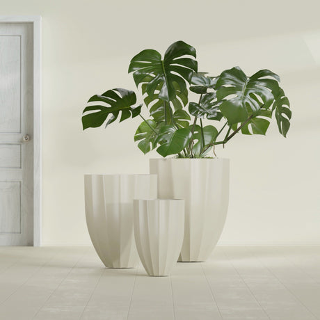 Alicante Fluted Planter in Satin Beige, 15"D × 21"H, shown empty