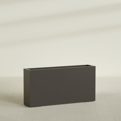 Milano Narrow Rectangular Planter in Matte Dark Brown, 48"L × 10"D × 24"H, shown empty