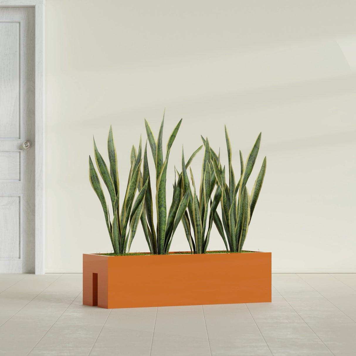 Tiergarden Railing fiberglass planter in Gloss Tangerine, shown planted, in a sunlit interior
