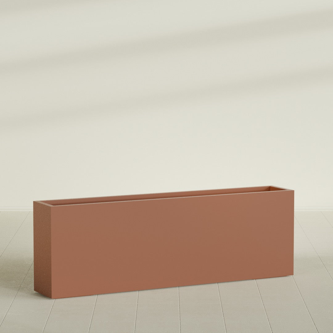 Hollywood Narrow Rectangular Planter in Matte Terra Cotta, 72"L × 12"D × 24"H, shown empty