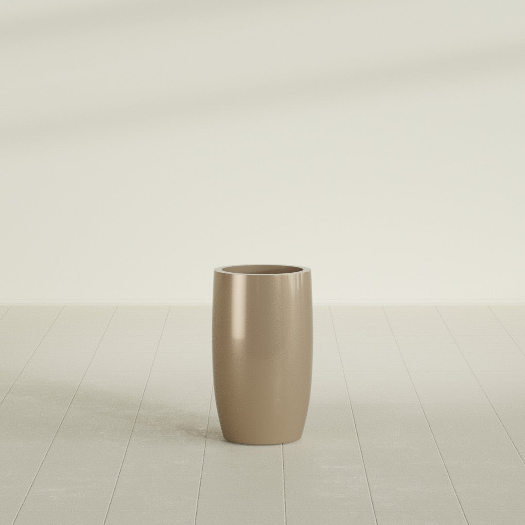 Lisbon tall round tapered fiberglass planter in Gloss Metallic Gold, 14 in diameter, 25 in high, shown empty