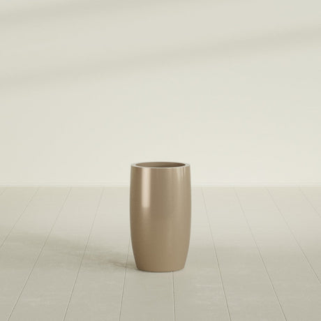 Lisbon tall round tapered fiberglass planter in Gloss Metallic Gold, 14 in diameter, 25 in high, shown empty