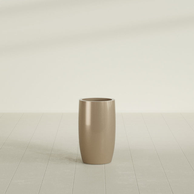 Lisbon tall round tapered fiberglass planter in Gloss Metallic Gold, 14 in diameter, 25 in high, shown empty