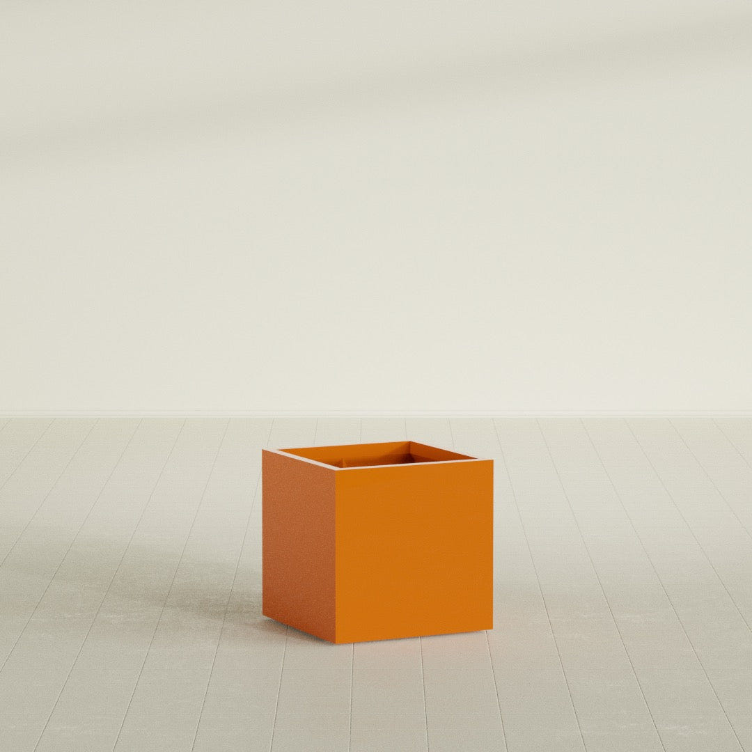 Montroy Cube Planter in Gloss Tangerine, 24", shown empty