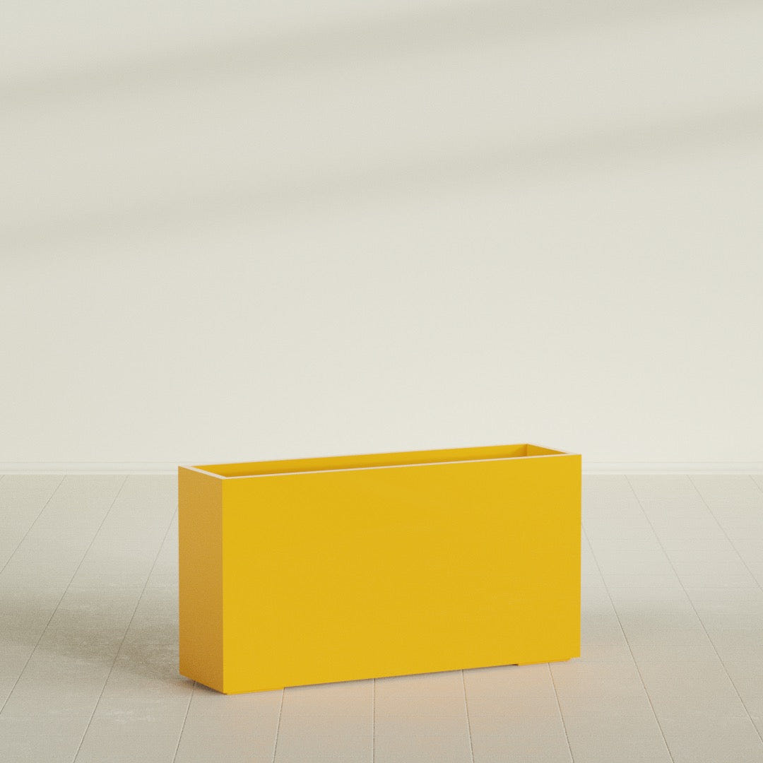 Potsdam Rectangular Planter in Gloss Saffron, 60"L × 16"D × 32"H, shown empty