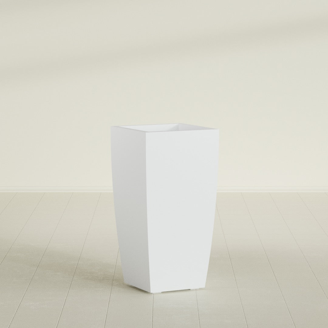 Toulan Tapered Square Planter in Gloss Bright White, 18"W × 36"H, shown empty