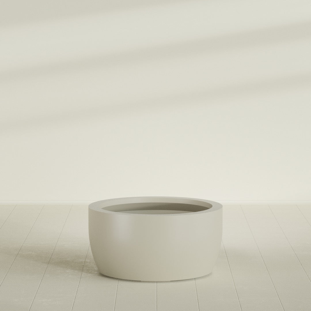 Casablanca Bowl Planter in Satin Beige, 36"D × 18"H, shown empty