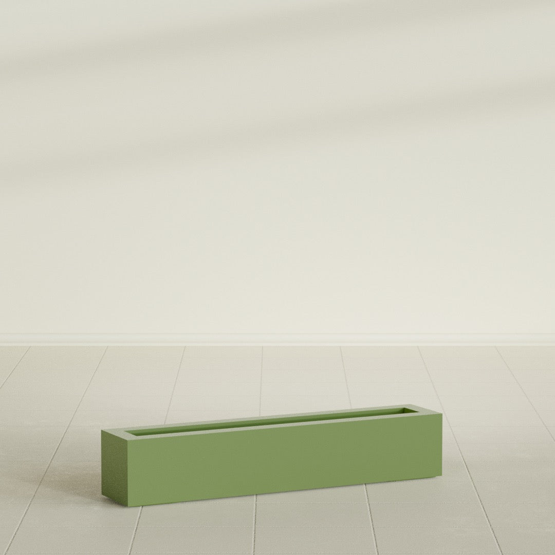 Salon Box Planter in Satin Green, 42" Long, shown empty