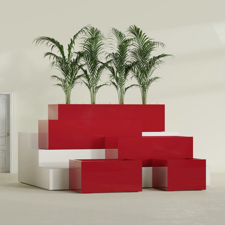 Torino Corner fiberglass planter in Gloss Red, size range, in a sunlit interior