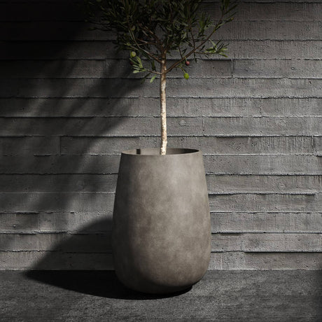 Mondo High tall round Cosapots fiberglass planter, shown planted with an olive tree against a board-formed concrete wall.
