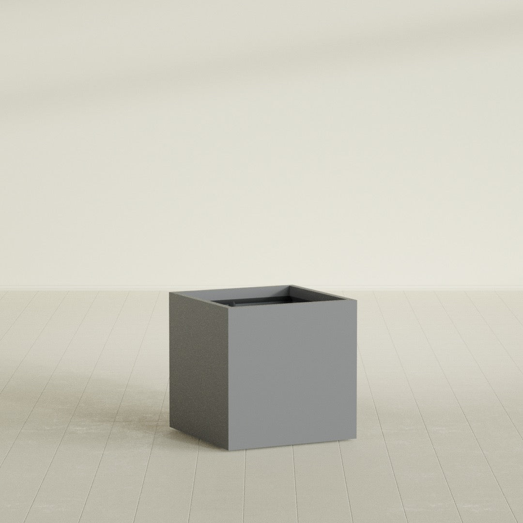 Montroy Cube Planter in Matte Gunmetal, 28", shown empty