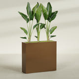 Amesbury Narrow Rectangular fiberglass planter in Metallic Bronze, shown planted, in a sunlit interior