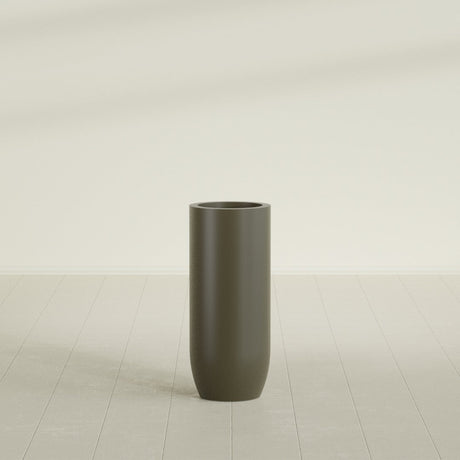 Saint Tropez Bullet Round Planter in Matte Bronze, 16"D × 38"H, shown empty