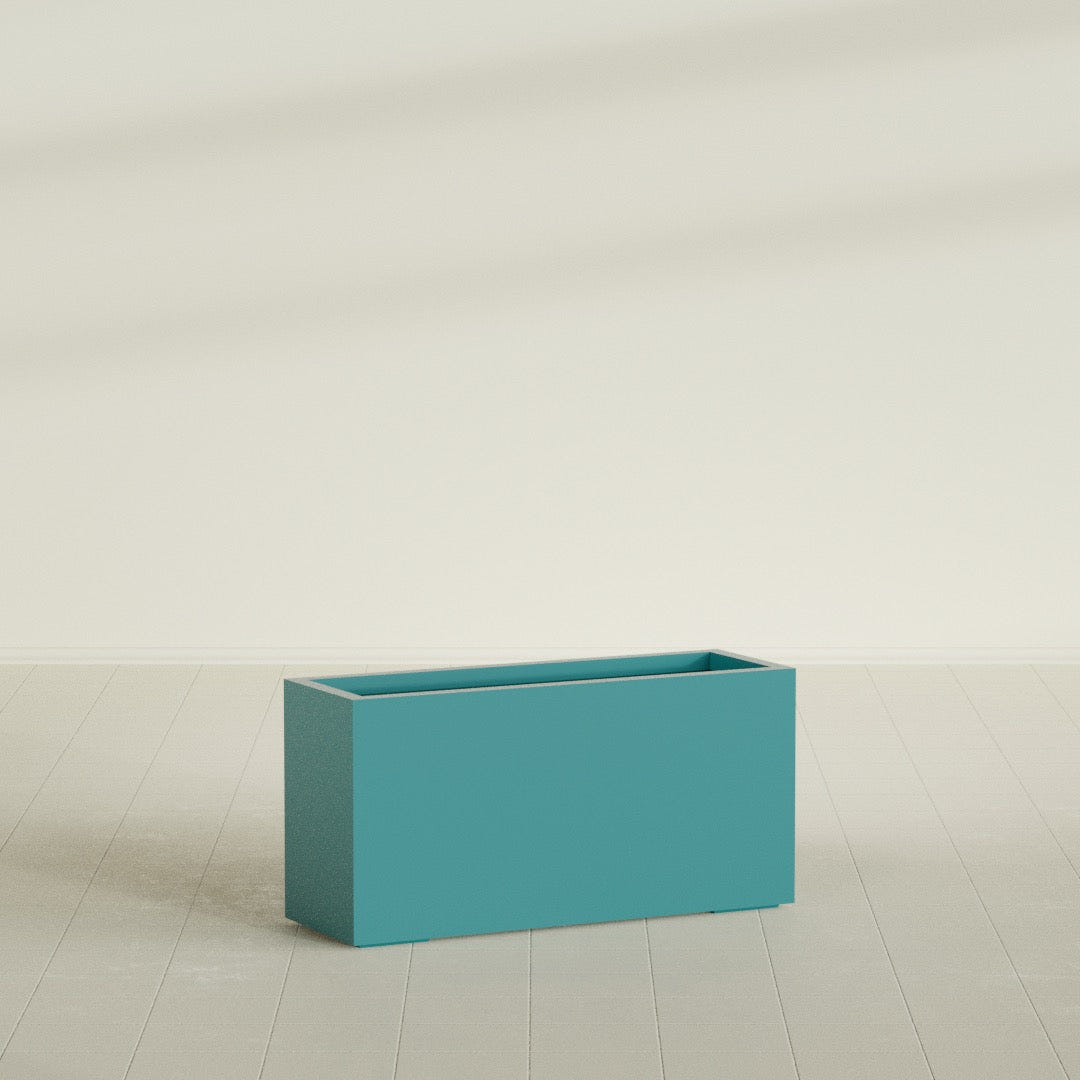 Miami Narrow Rectangular Planter in Satin Seafoam Green, 36"L × 12"D × 18"H, shown empty