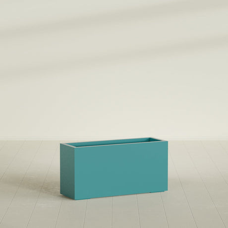 Miami Narrow Rectangular Planter in Satin Seafoam Green, 36"L × 12"D × 18"H, shown empty