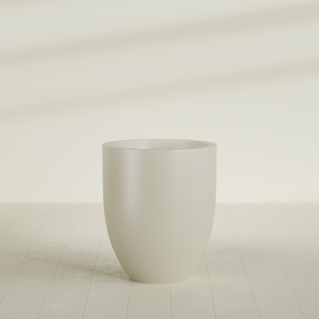 Valencia Tapered Round Planter in Satin Beige, 27"D × 31"H, shown empty