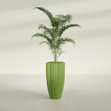 San Jose Tall Fluted fiberglass planter in Satin Green, shown planted, in a sunlit interior