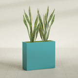 Perth Corner fiberglass planter in Satin Seafoam Green, shown planted, in a sunlit interior