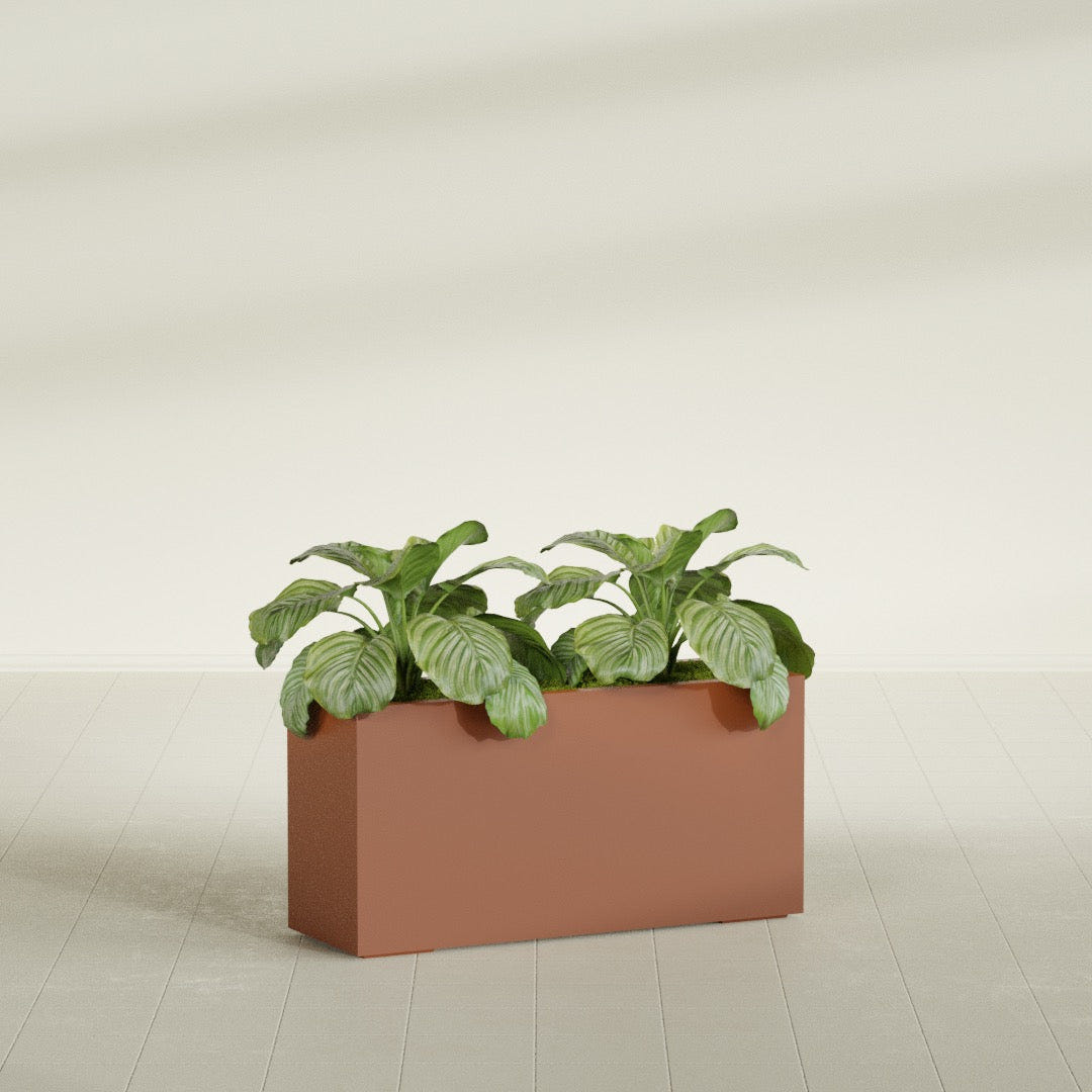 Miami Narrow Rectangular fiberglass planter in Matte Terra Cotta, shown planted, in a sunlit interior