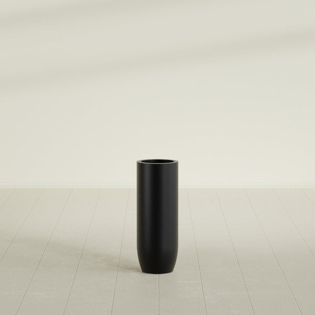 Saint Tropez Bullet Round Planter in Matte Black, 12"D × 32"H, shown empty