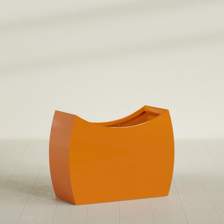 Seoul Curved Planter in Gloss Tangerine, 48"L × 20"D × 36"H, shown empty