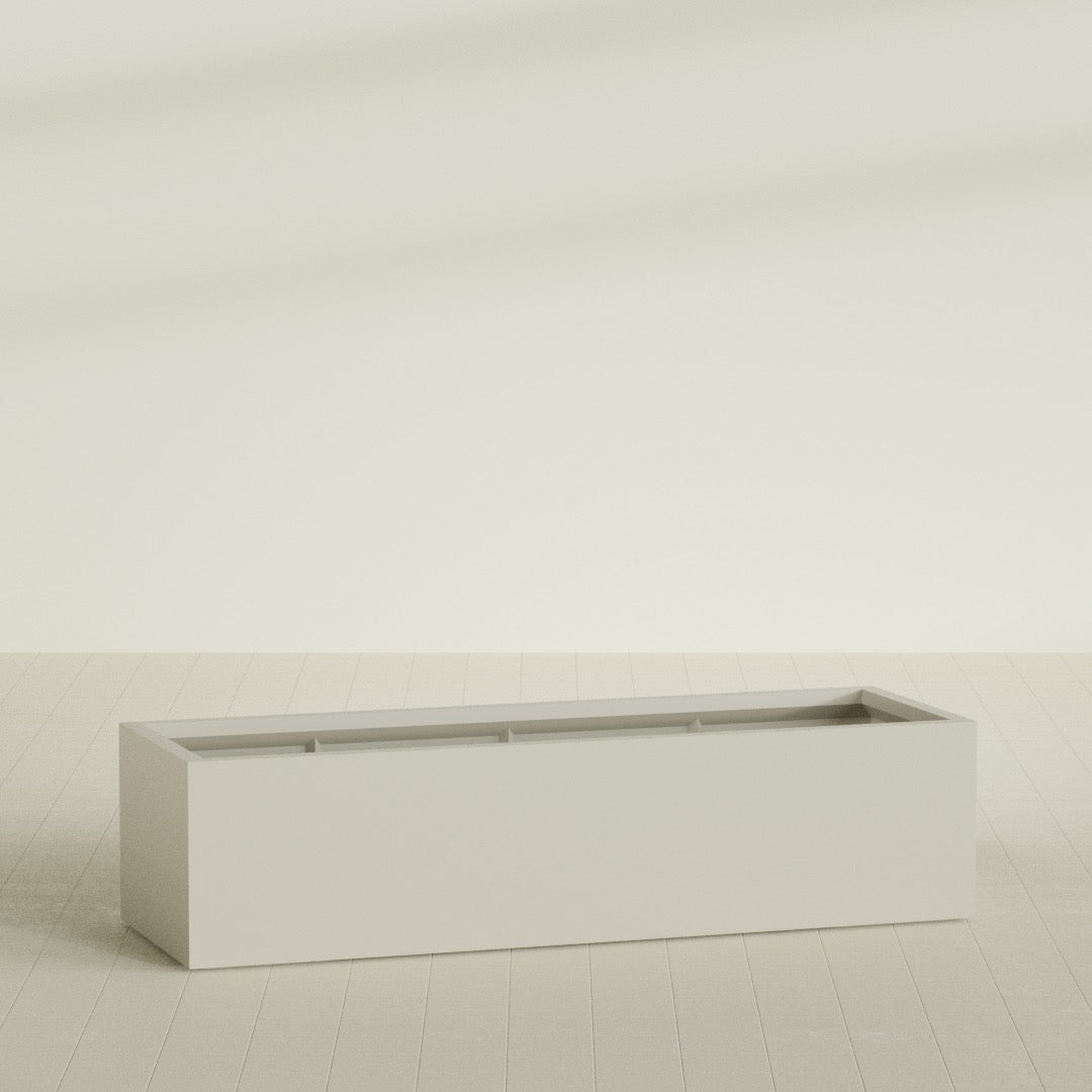 Torino Wide Rectangular Planter in Satin Beige, 72"L × 24"D × 18"H, shown empty