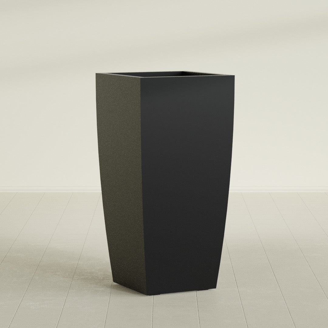 Toulan Tapered Square Planter in Matte Black, 23"W × 48"H, shown empty