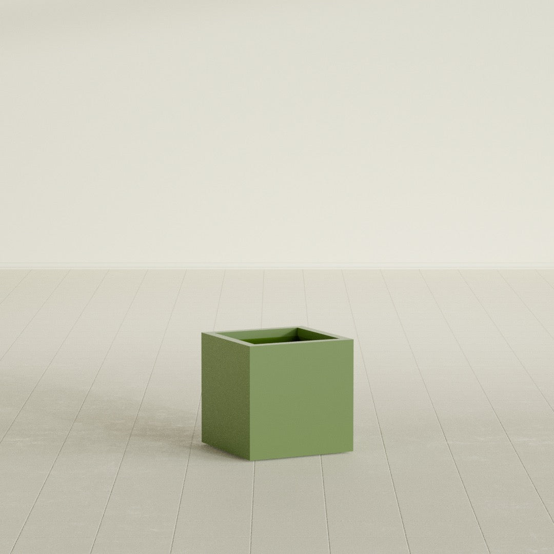 Montroy Cube Planter in Satin Green, 16", shown empty