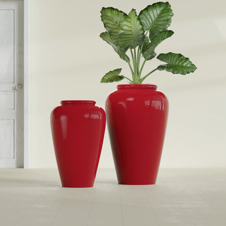 Barà Jar fiberglass planter in Gloss Red, size range, in a sunlit interior