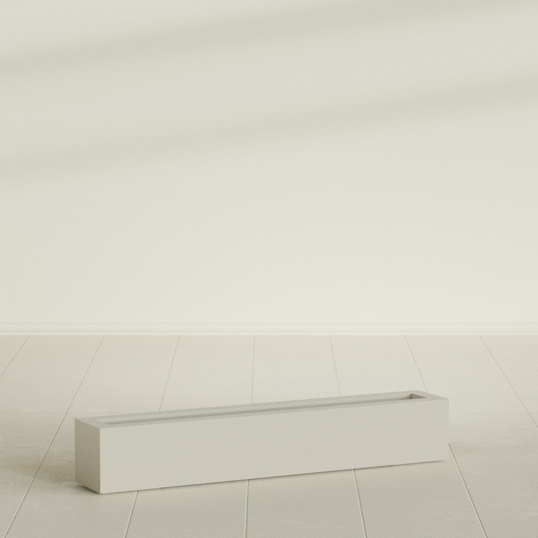 Salon Box Planter in Satin Beige, 48" Long, shown empty
