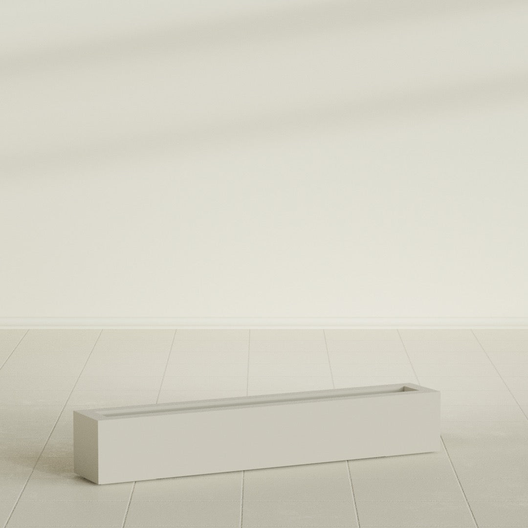 Salon Box Planter in Satin Beige, 48" Long, shown empty