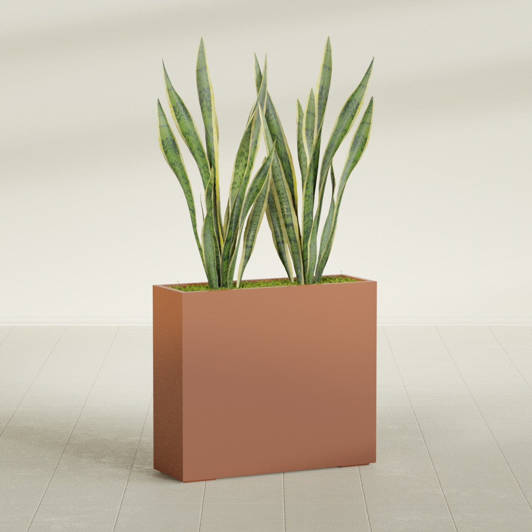 Perth Rectangular fiberglass planter in Matte Terra Cotta, shown planted, in a sunlit interior