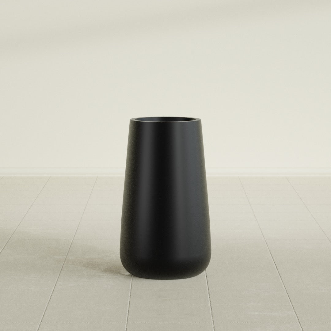 Saigon Tapered Round Planter in Matte Black, 14"D × 30"H, shown empty