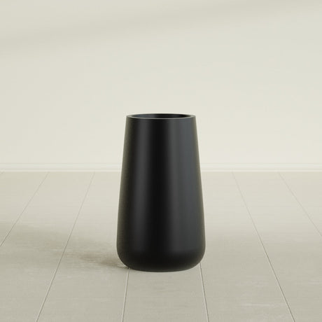 Saigon Tapered Round Planter in Matte Black, 14"D × 30"H, shown empty