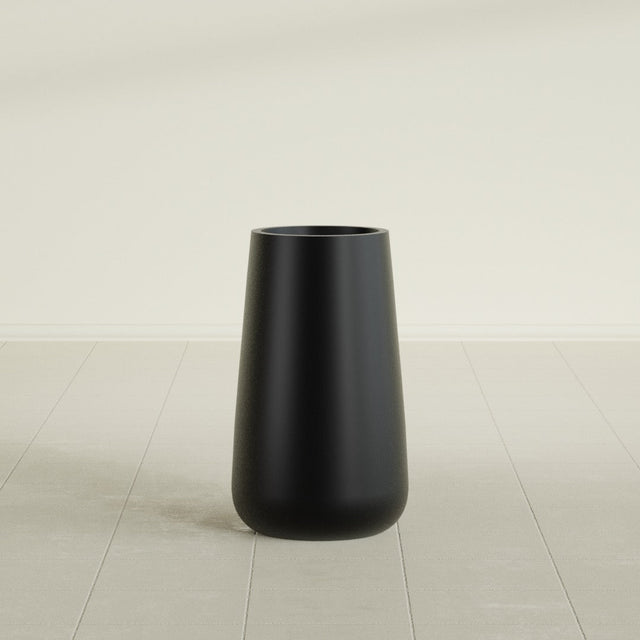 Saigon Tapered Round Planter in Matte Black, 14"D × 30"H, shown empty
