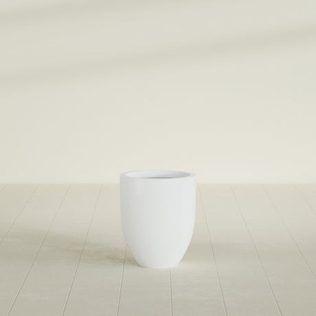 Valencia Tapered Round Planter in Matte Bright White, 15"D × 18"H, shown empty