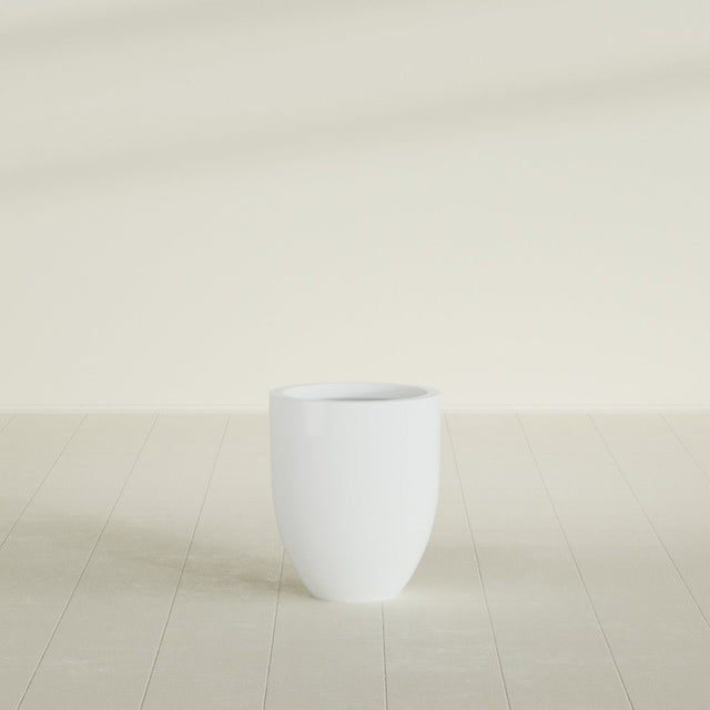 Valencia Tapered Round Planter in Matte Bright White, 15"D × 18"H, shown empty