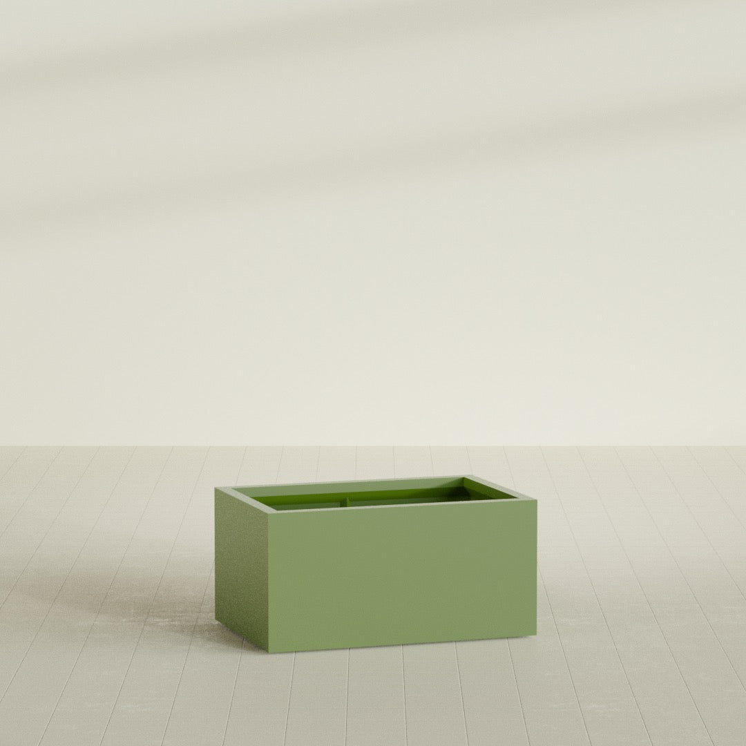 Torino Wide Rectangular Planter in Satin Green, 36"L × 24"D × 18"H, shown empty