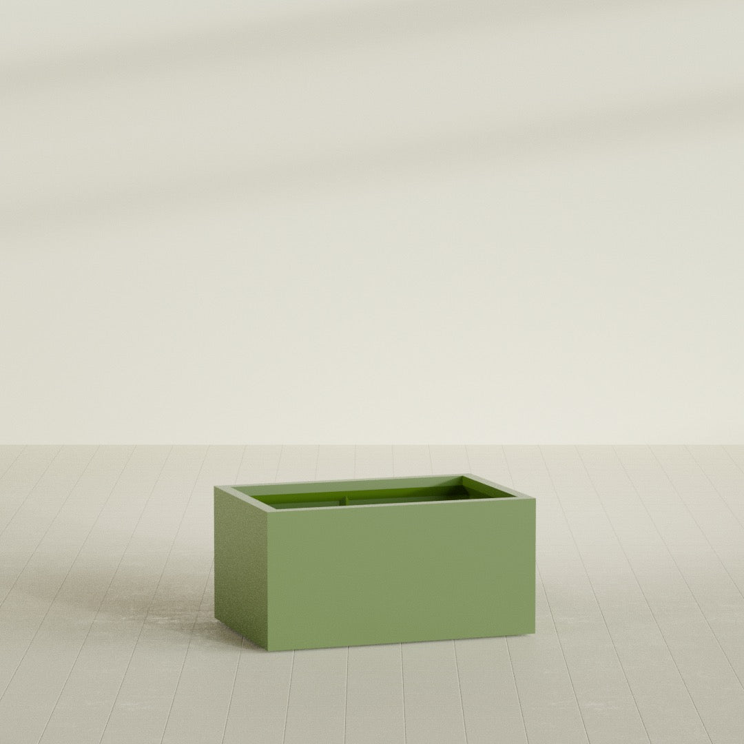 Torino Wide Rectangular Planter in Satin Green, 36"L × 24"D × 18"H, shown empty