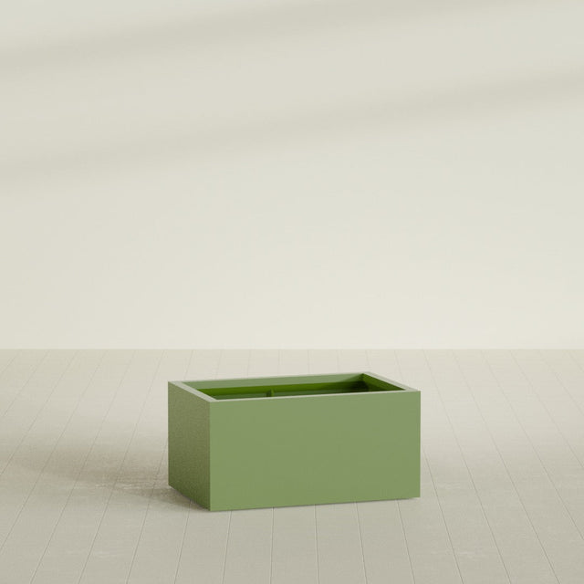 Torino Wide Rectangular Planter in Satin Green, 36"L × 24"D × 18"H, shown empty