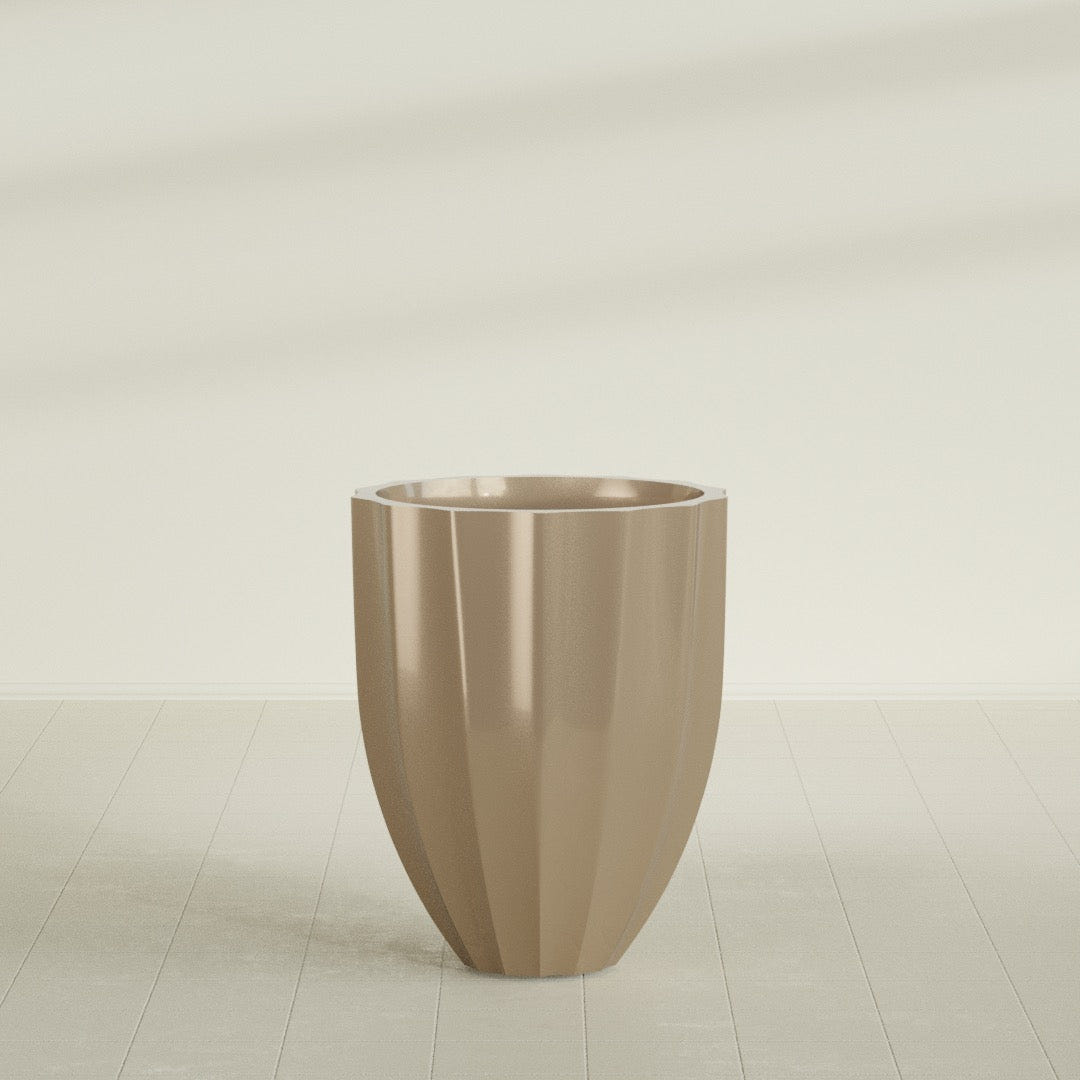 Alicante Fluted Planter in Gloss Metallic Gold, 26"D × 32"H, shown empty