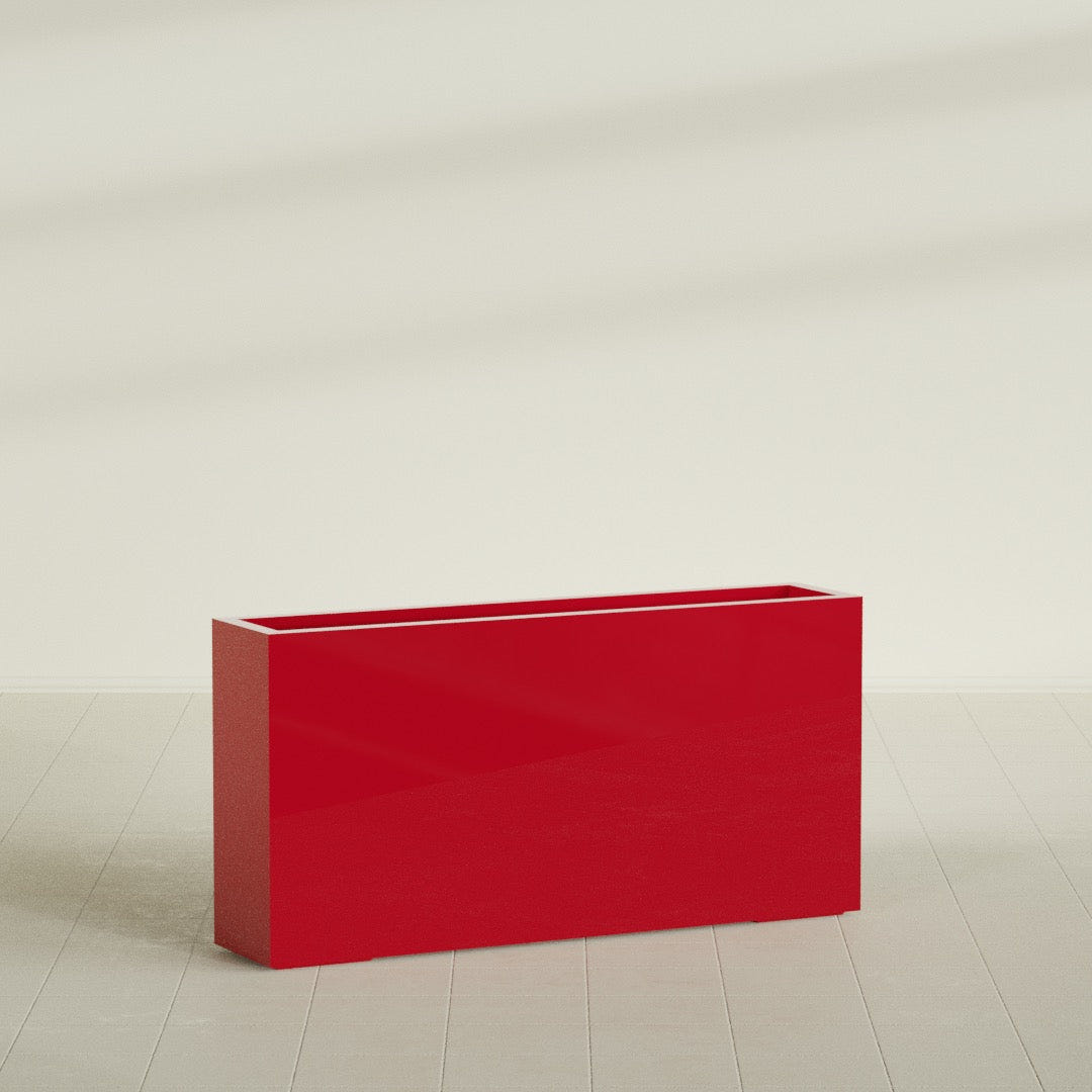 Milano Narrow Rectangular Planter in Gloss Red, 48"L × 10"D × 24"H, shown empty
