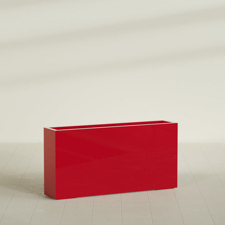 Milano Narrow Rectangular Planter in Gloss Red, 48"L × 10"D × 24"H, shown empty