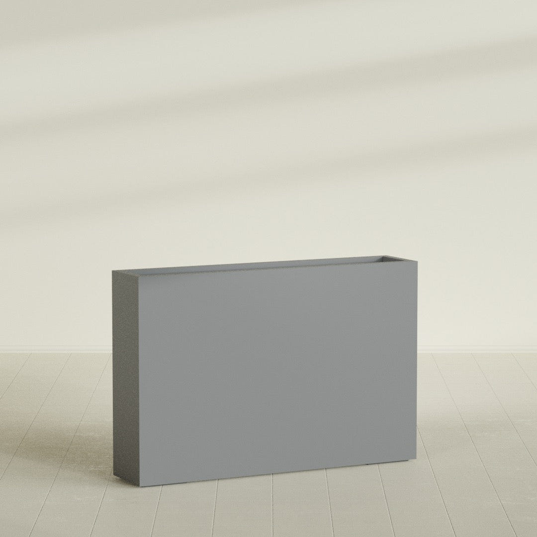 Amesbury Narrow Rectangular Planter in Matte Gunmetal, 48"L × 10"D × 32"H, shown empty