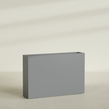 Amesbury Narrow Rectangular Planter in Matte Gunmetal, 48"L × 10"D × 32"H, shown empty