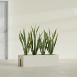 Tiergarden Railing fiberglass planter in Satin Beige, shown planted, in a sunlit interior