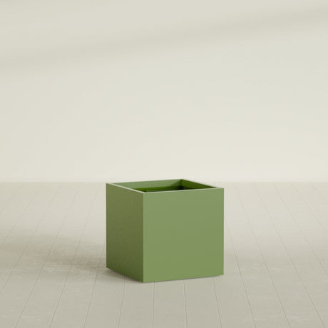 Montroy Cube Planter in Satin Green, 28", shown empty